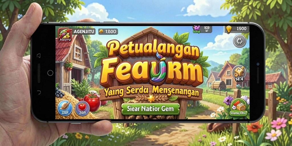 Tampilan gameplay AGENJITU dengan ladang yang subur dan aktivitas bertani.