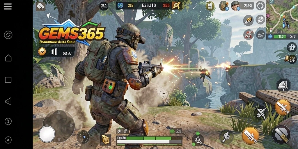 Tangkapan layar utama dari gameplay seru GEMS365 menunjukkan aksi tembak-menembak intens.