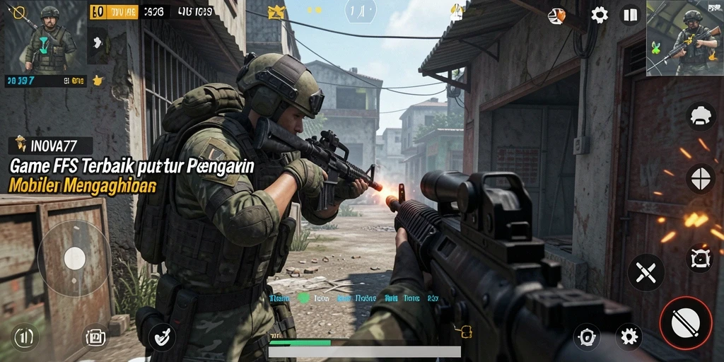 Tampilan gameplay INOVA77 dengan aksi menegangkan di medan perang FPS.