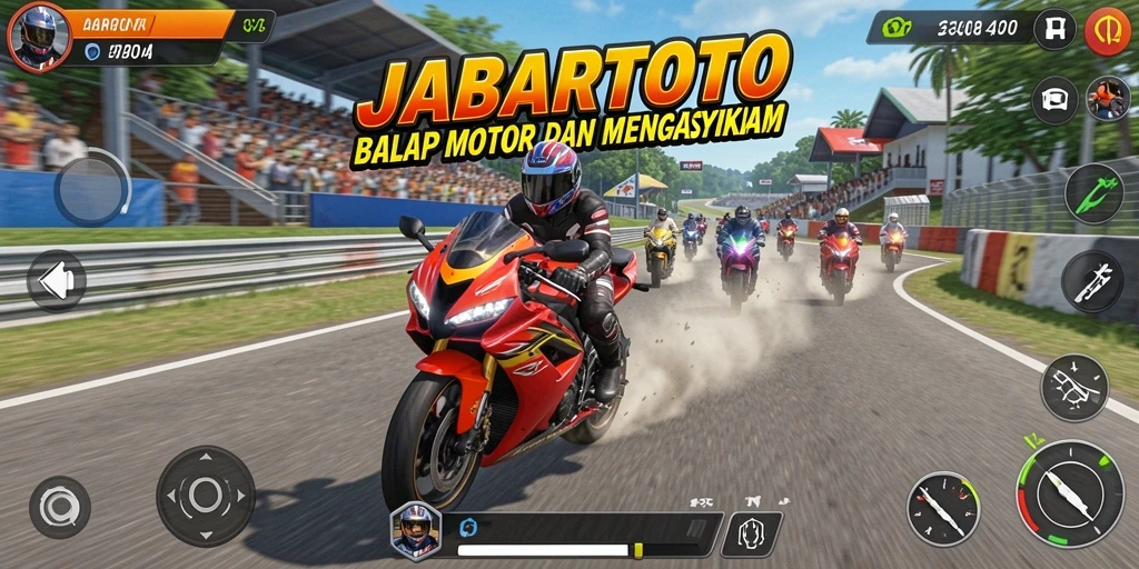 Tampilan gameplay menegangkan di JABARTOTO saat balapan motor.