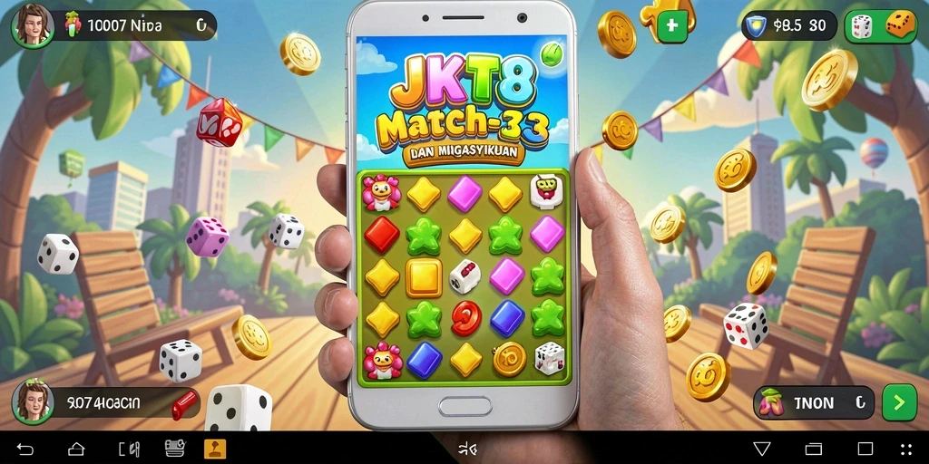 Tampilan gameplay seru dalam JKT8, permainan Match-3 yang menyenangkan.